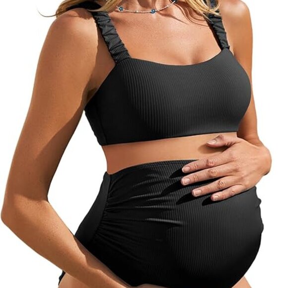 Summer Mae Black Ribbed Maternity Bikini Swimsuit High Waisted Size 4 NWT #2109 - Picture 5 of 9